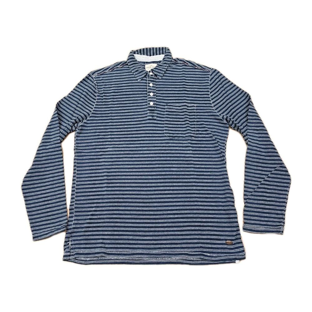 True Grit Polo Shirt Mens Size Medium Long Sleeve Striped Blue Cotton